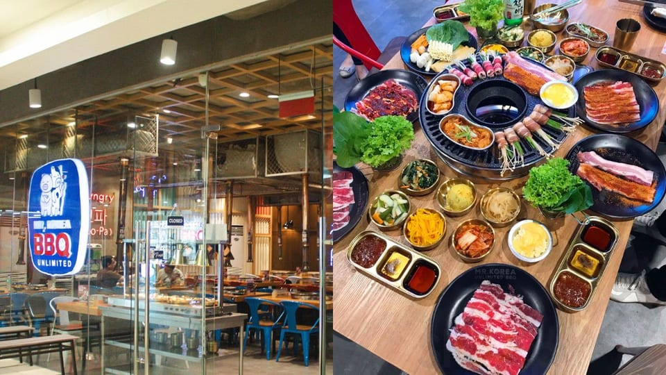 left: exterior view of mr korea unlimited bbq; right: bestselling dish from mr korea unlimited bbq
